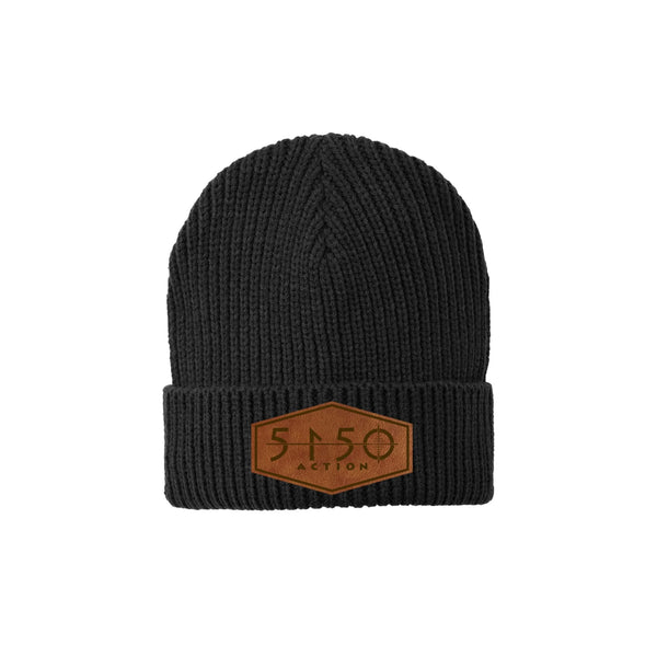 5150 Knit Cuff Beanie - Black, Leather Patch
